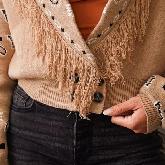 Hem & Thread  Aztec Fringe Cardigan Sweater Button Front – Boho Western Style - Picture 4 of 4